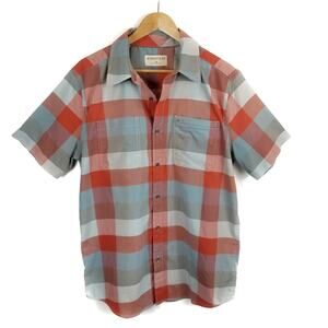 ExOfficio Men's Plaid Check Short Sleeve Shirt Zip Pocket Orange Blue Gray Large